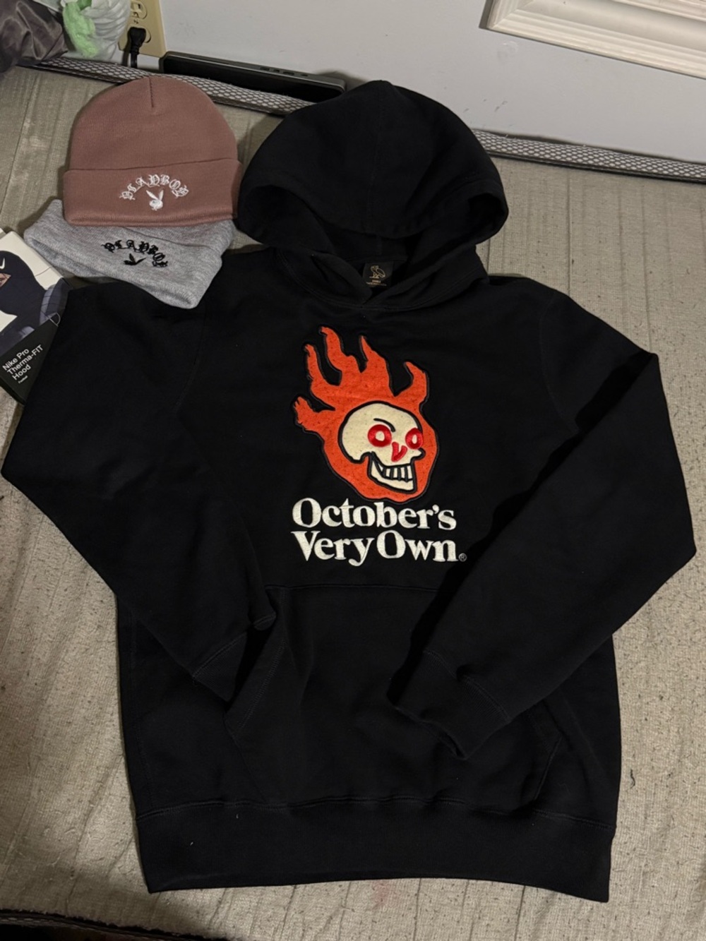 OVO Black Hoodie with Orange Flaming Skull Logo